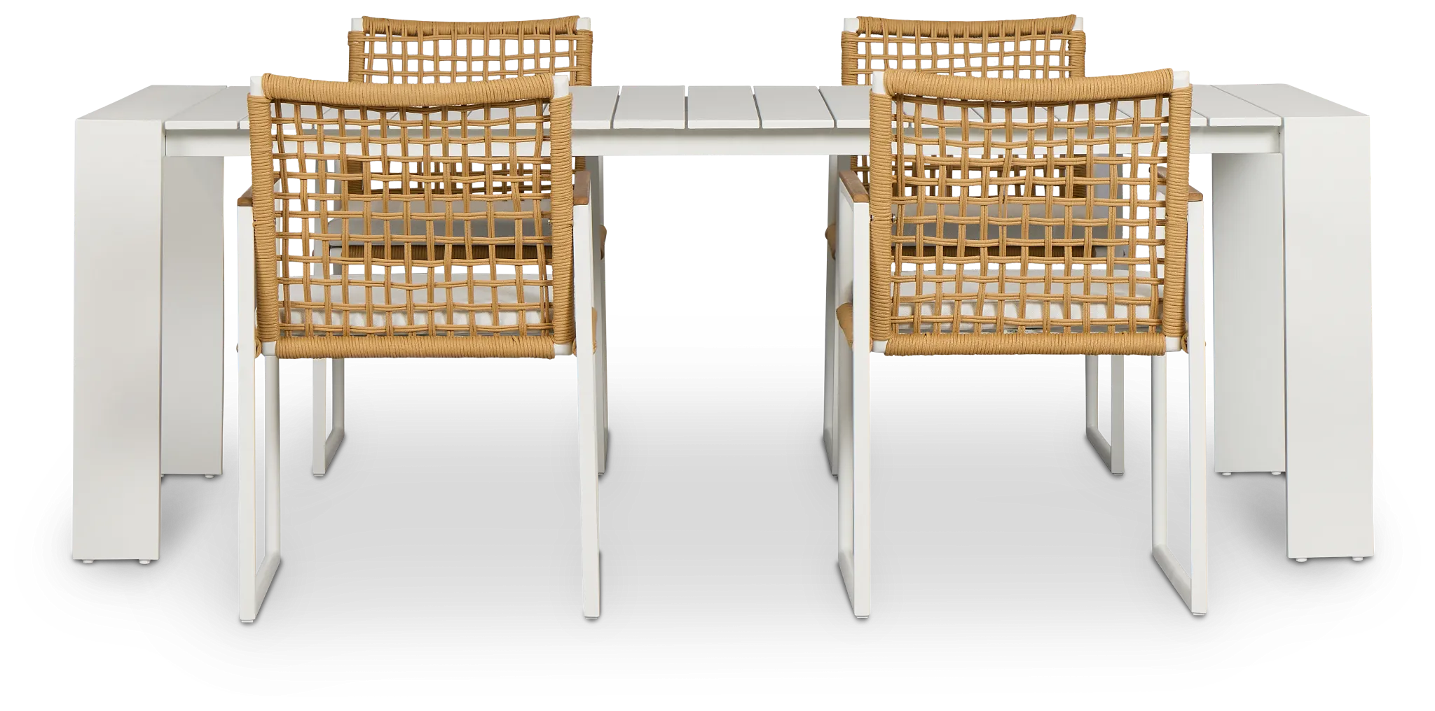 Sunrise White 86" Rectangular Table & 4 Teak Arm Chairs