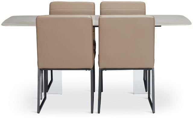 Geneva White Rect Table & 4 Taupe Upholstered Chairs