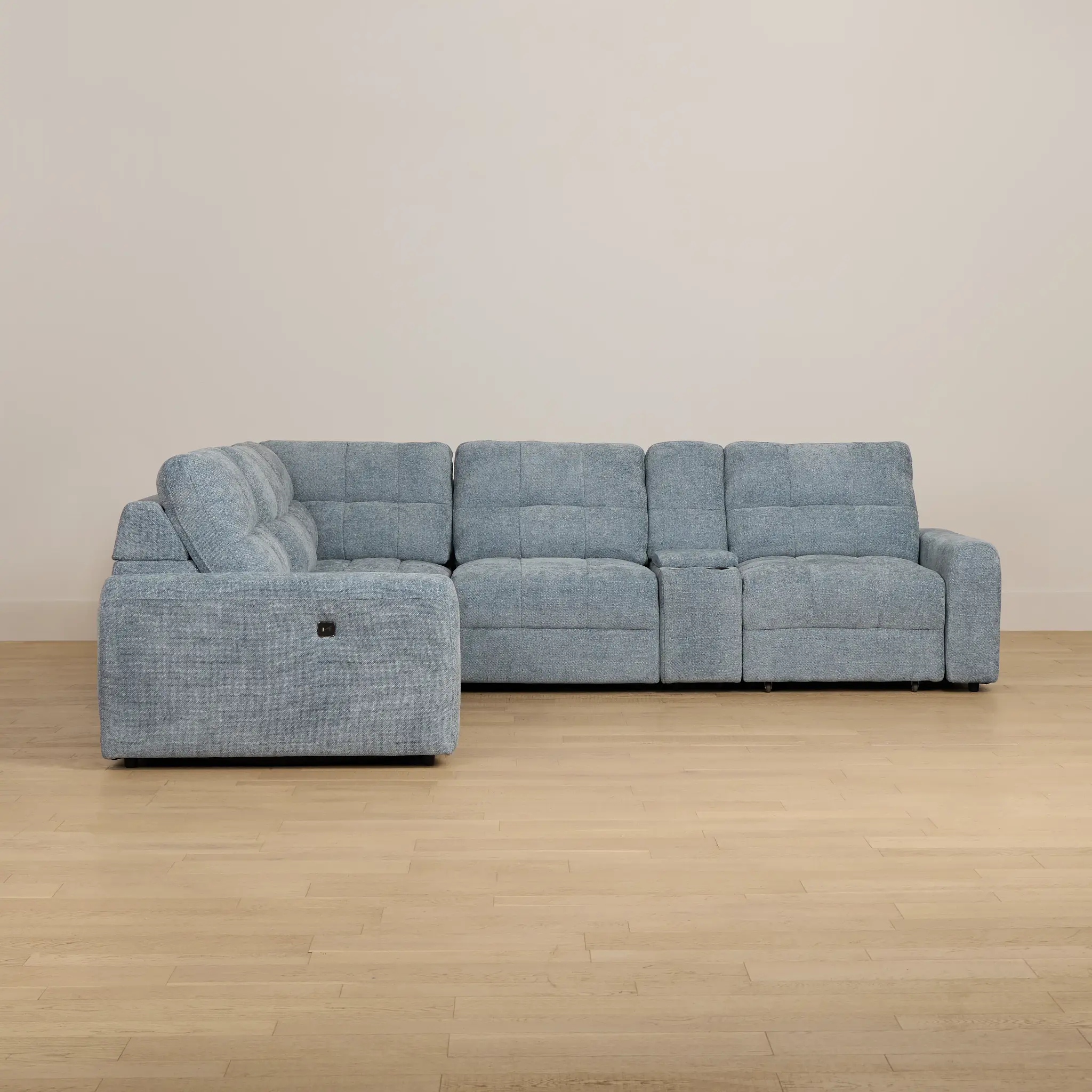 Hendrix Light Blue Fabric Medium Dual Power 2 Arm Extension Chaise Sectional Hendrix Light Blue Fabric Medium Dual Power 2 Arm Extension Chaise Sectional