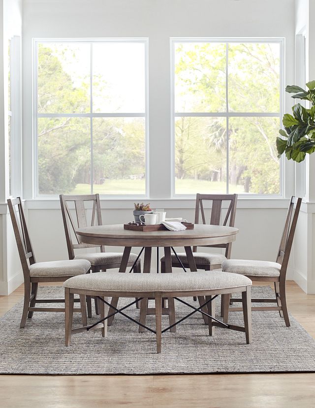 Heron Cove Light Tone Round Table, 3 Chairs & Bench