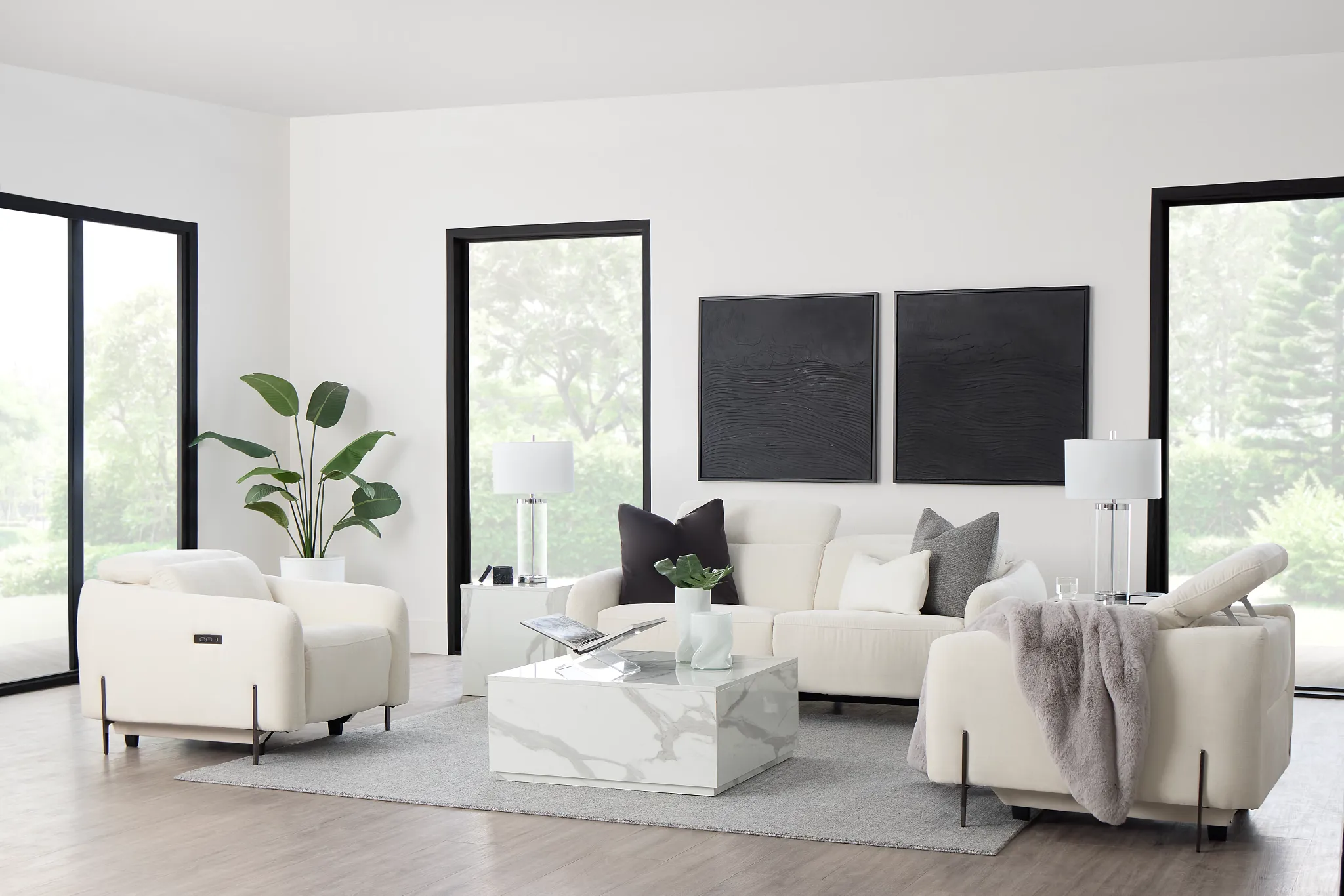 Zuri White Velvet Power Reclining Sofa with Power Headrest