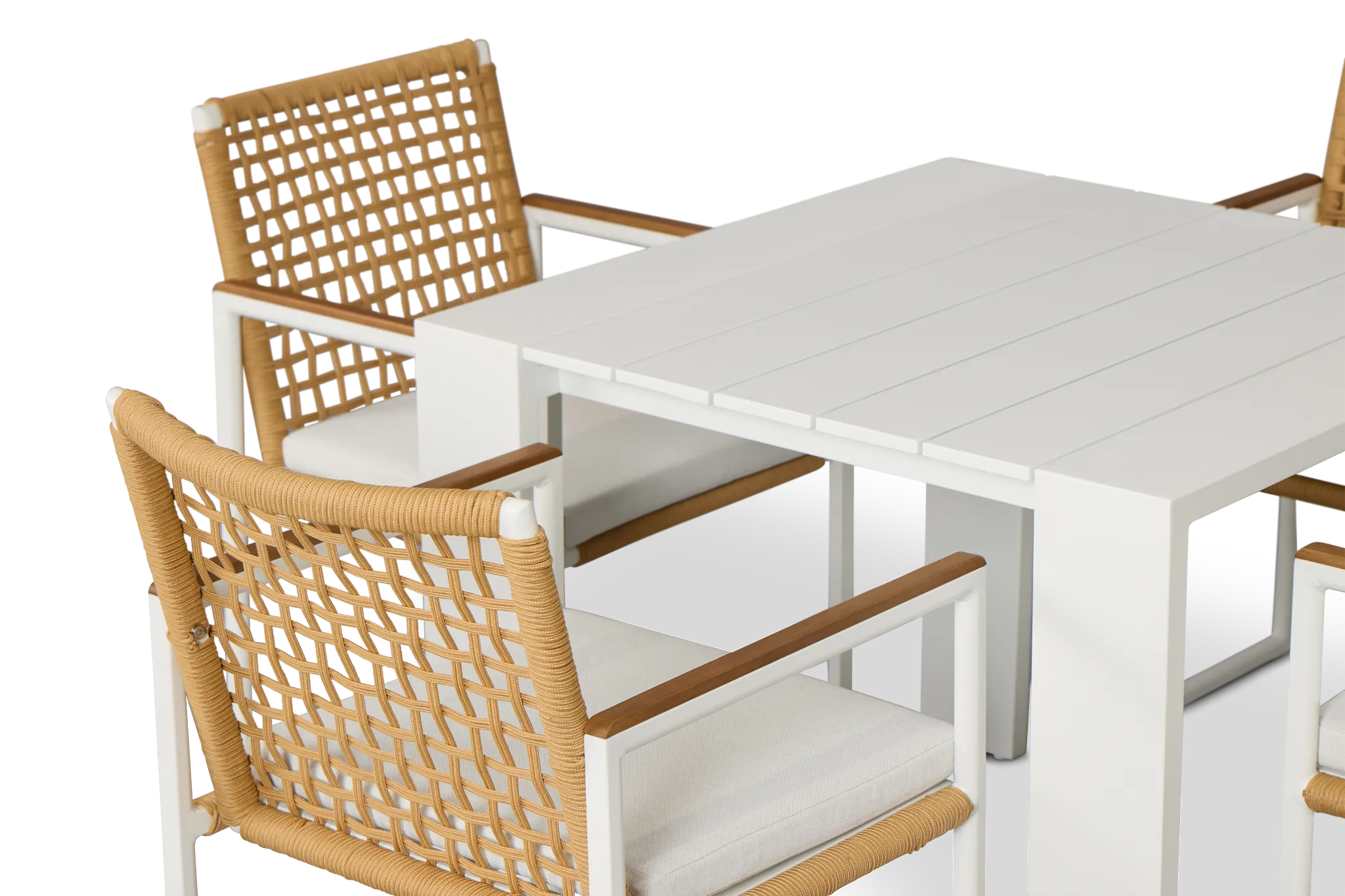 Sunrise White 35" Square Table & 4 Teak Arm Chairs