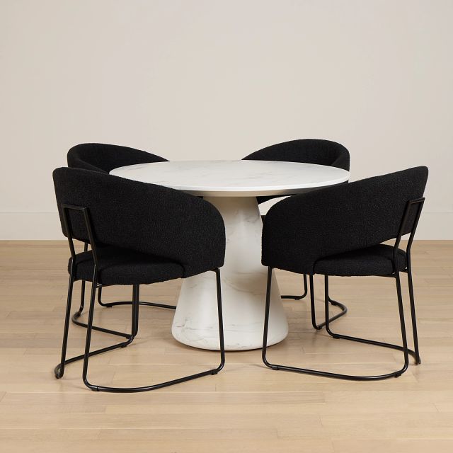 Merrick White Round Table With 4 Black Upholstered Side Chairs