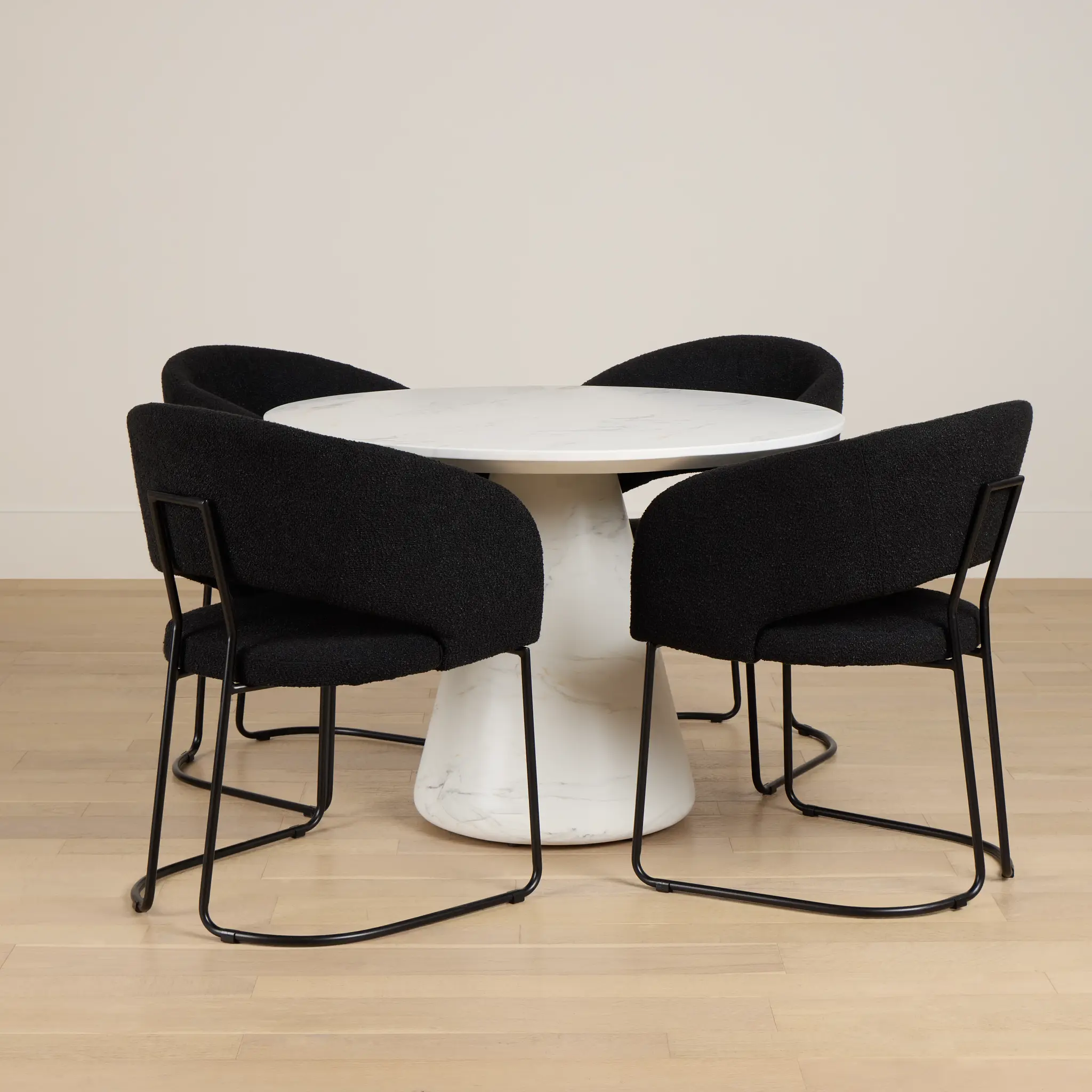 Merrick White Round Table With 4 Black Upholstered Side Chairs Merrick White Round Table With 4 Black Upholstered Side Chairs