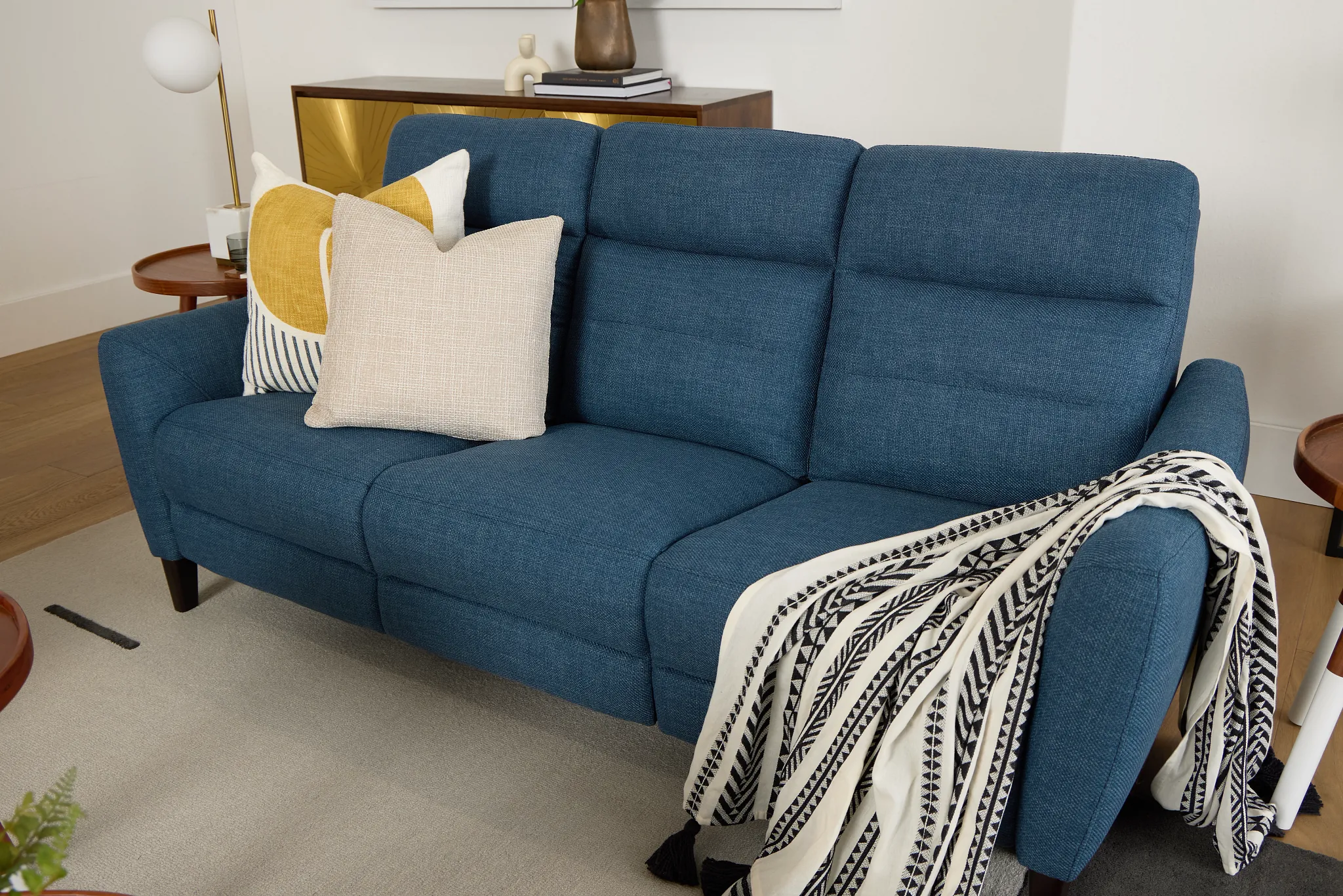 Keaton Blue Fabric Power Reclining Sofa W/ Power Headrest