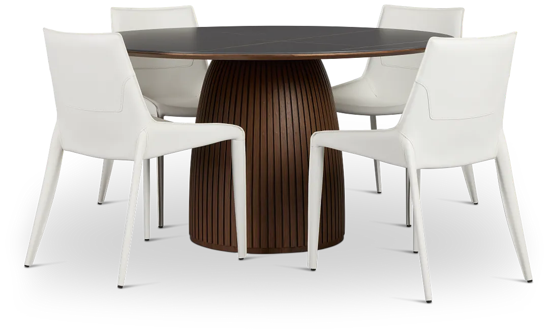 Wayne Two-tone Stone Round Table & 4 White Upholstered Chairs