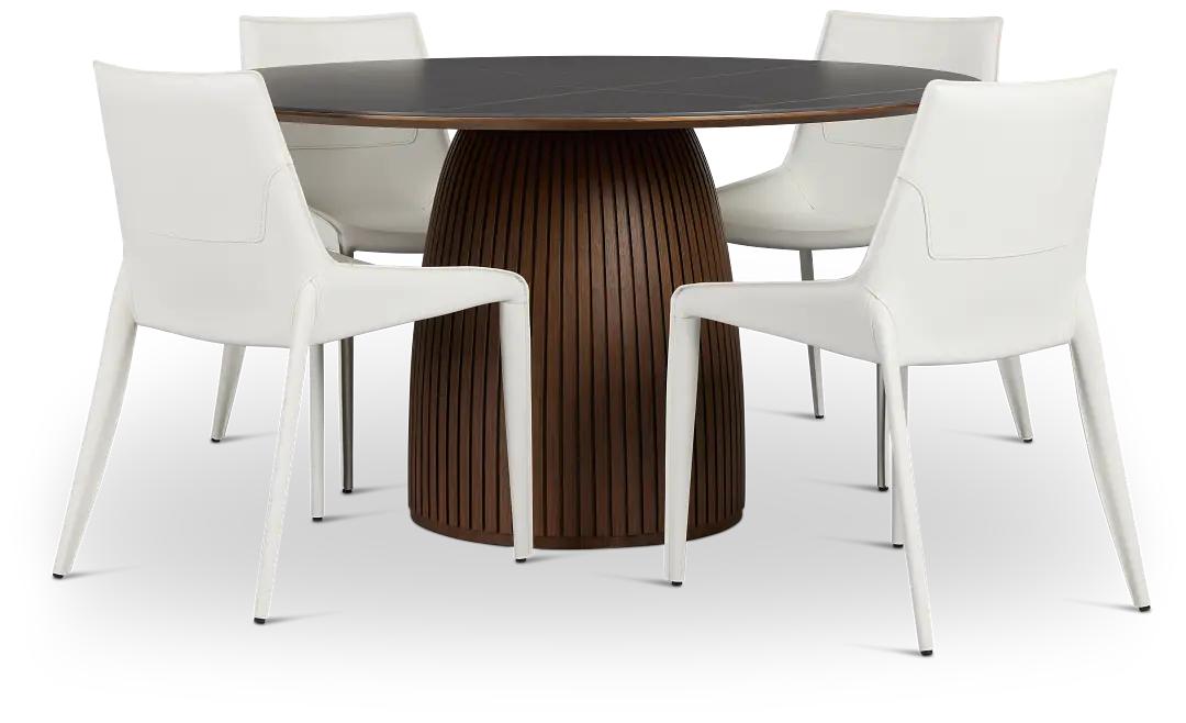 Wayne Two-tone Stone Round Table & 4 White Upholstered Chairs Wayne Two-tone Stone Round Table & 4 White Upholstered Chairs