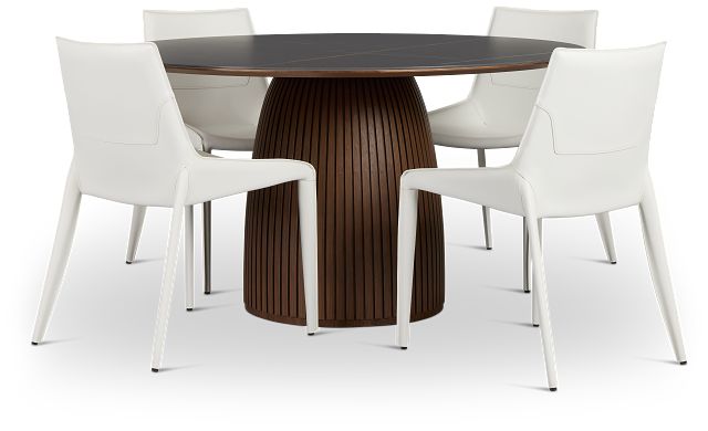 Wayne Two-tone Stone Round Table & 4 White Upholstered Chairs