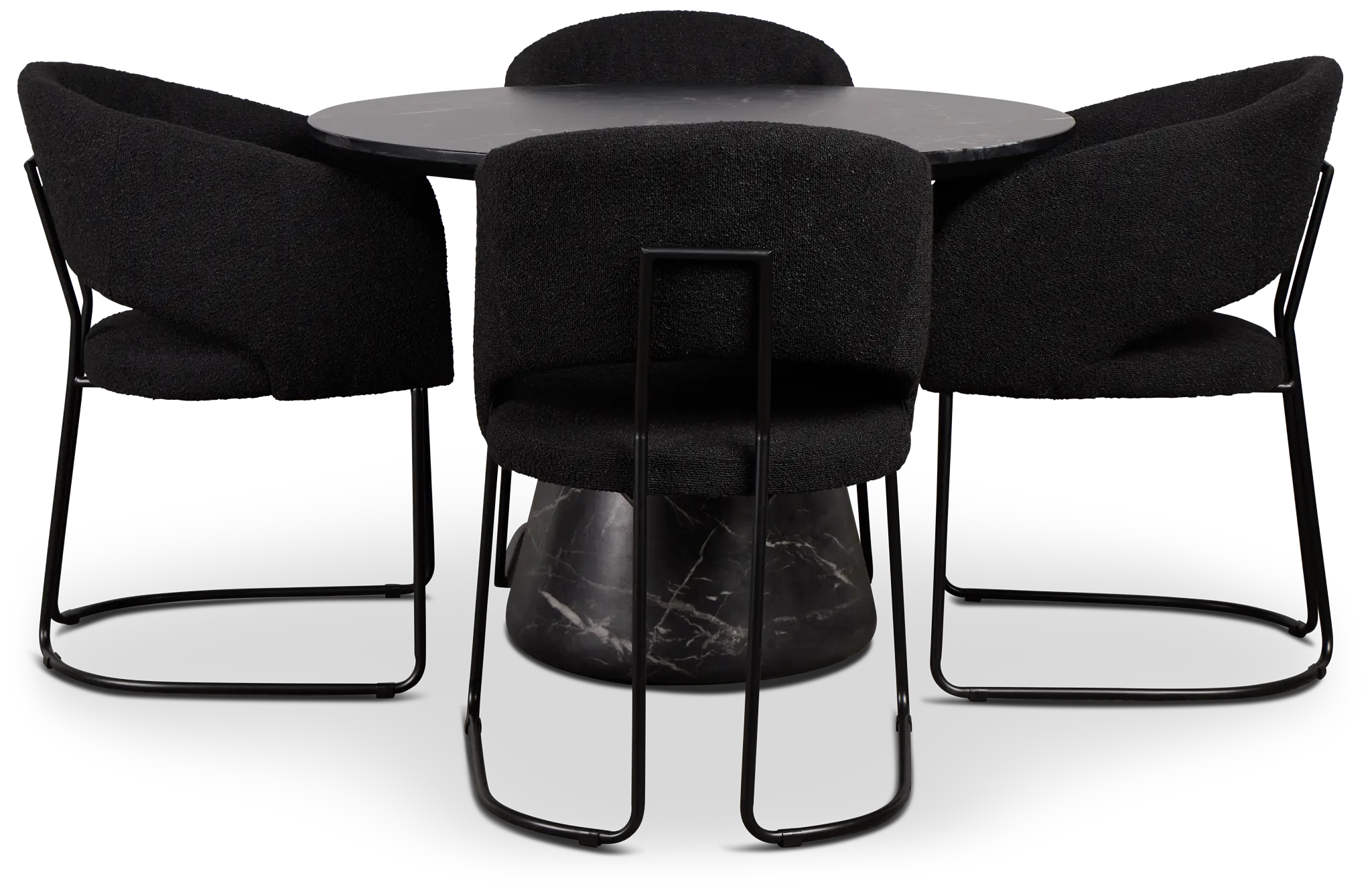 Merrick Black Round Table With 4 Black Upholstered Side Chairs Merrick Black Round Table With 4 Black Upholstered Side Chairs