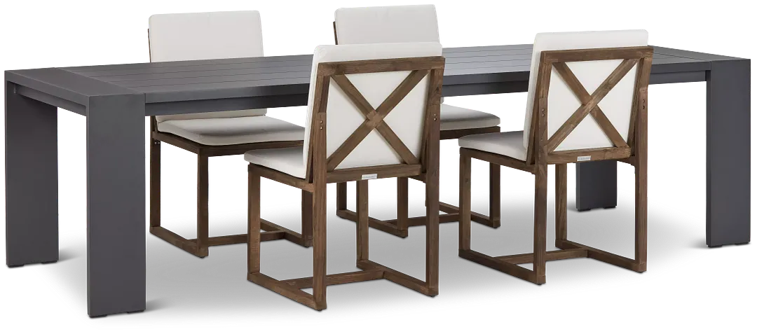 Linear Dark Gray White 110" Aluminum Table & 4 Teak Cushioned Side Chairs
