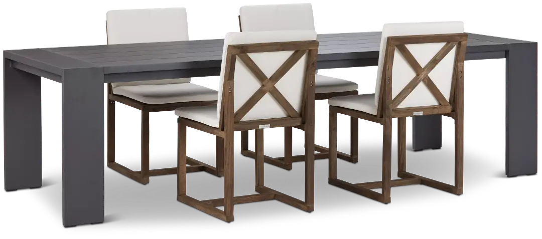 Linear Dark Gray White 110" Aluminum Table & 4 Teak Cushioned Side Chairs Linear Dark Gray White 110" Aluminum Table & 4 Teak Cushioned Side Chairs