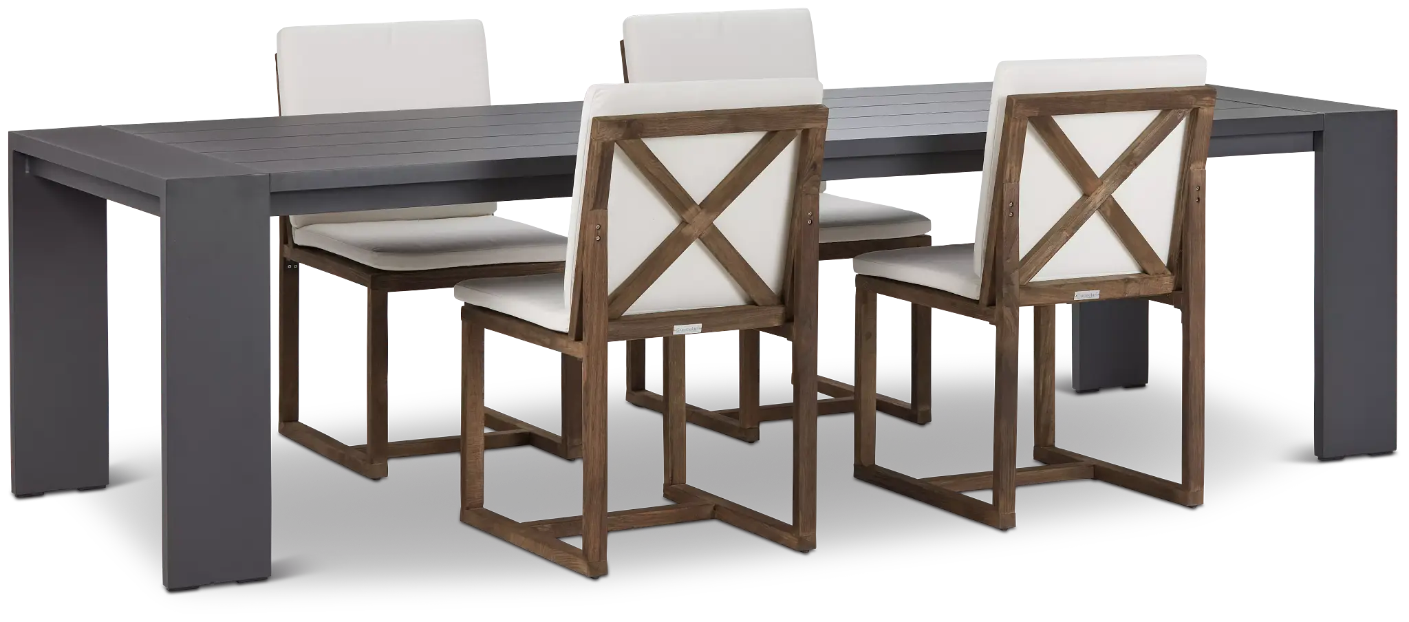 Linear Dark Gray White 110" Aluminum Table & 4 Teak Cushioned Side Chairs Linear Dark Gray White 110" Aluminum Table & 4 Teak Cushioned Side Chairs