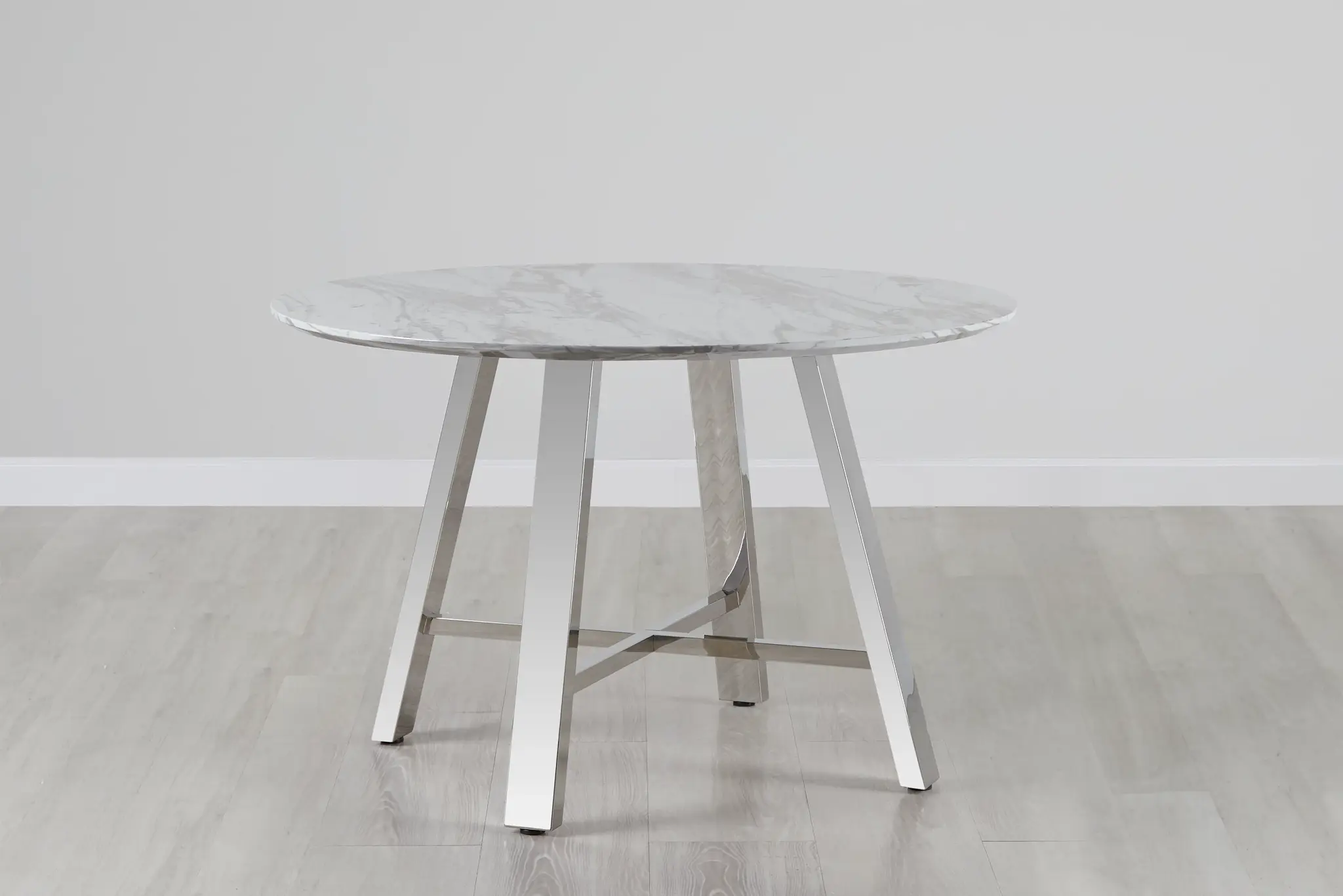 Capri White 48" Round Table With Stainless Steel Legs Capri White 48" Round Table With Stainless Steel Legs