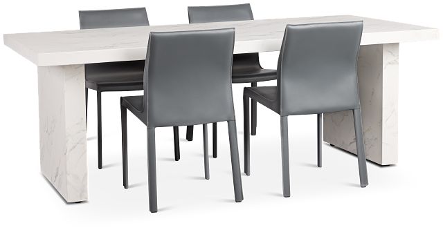 Viscaya White Rect Table & 4 Gray Upholstered Chairs