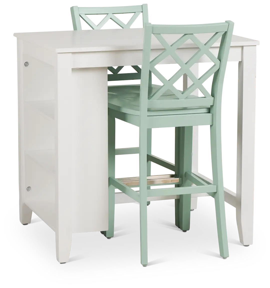 Edgartown White Storage High Table & 2 Light Blue Wood Barstools Edgartown White Storage High Table & 2 Light Blue Wood Barstools