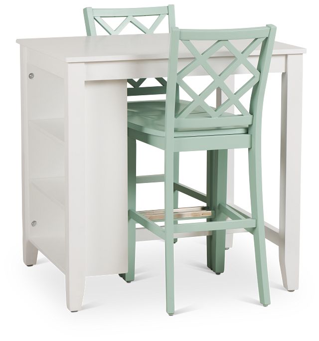 Edgartown White Storage High Table & 2 Light Blue Wood Barstools