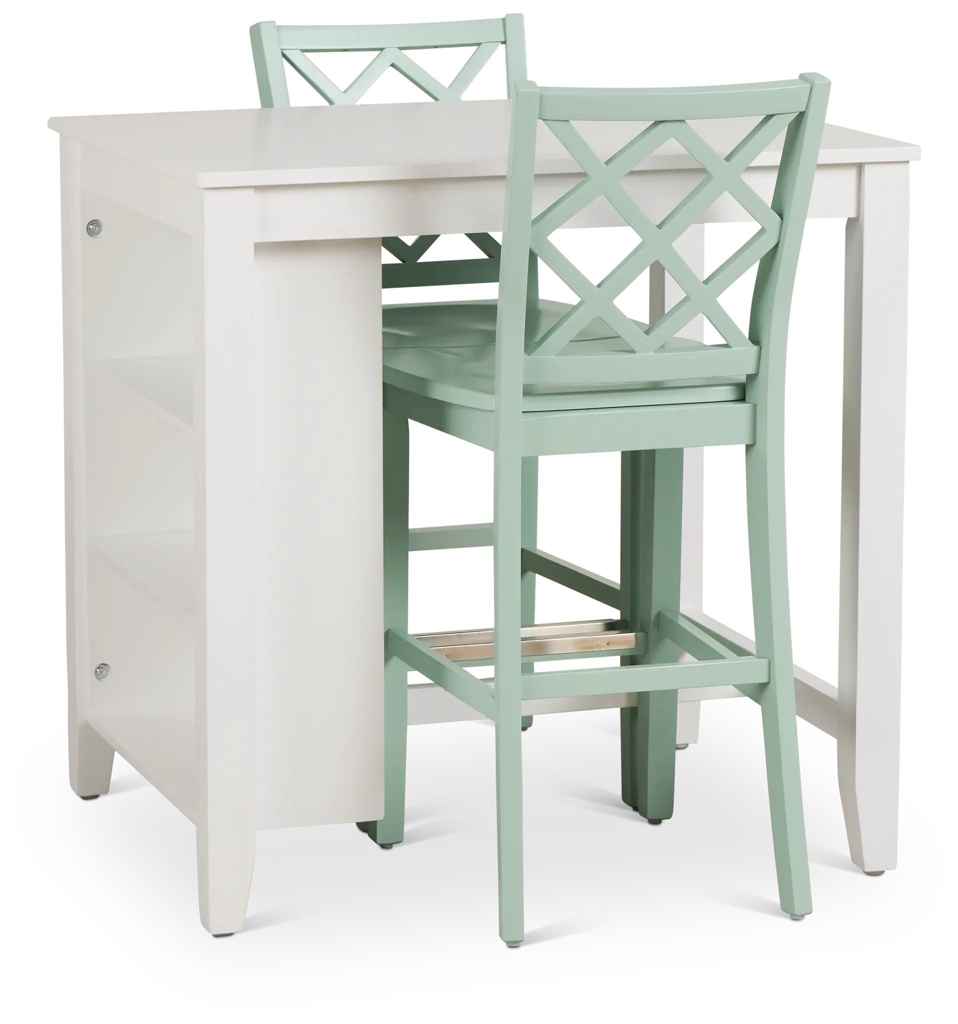 Edgartown White Storage High Table & 2 Light Blue Wood Barstools Edgartown White Storage High Table & 2 Light Blue Wood Barstools