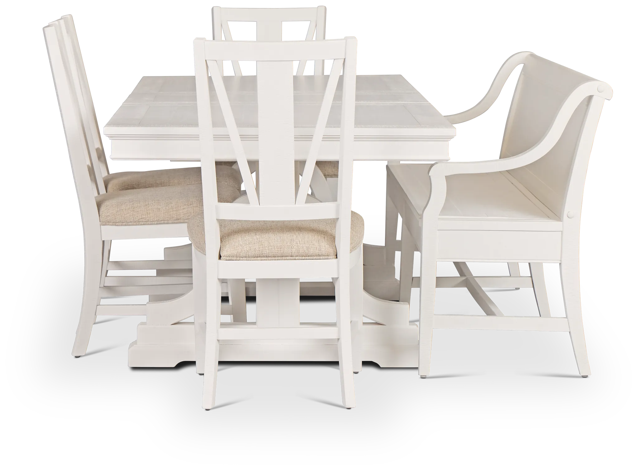 Heron Cove White Trestle Table, 4 Chairs & Bench