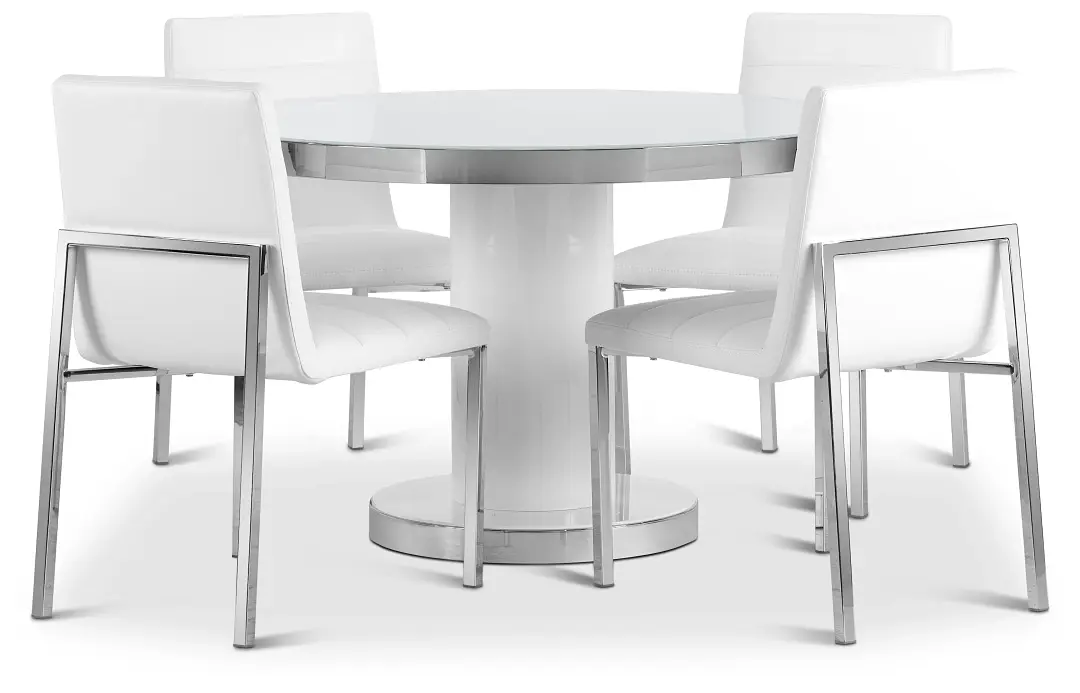 Miami White 47" Round Table & 4 Upholstered Chairs Miami White 47" Round Table & 4 Upholstered Chairs