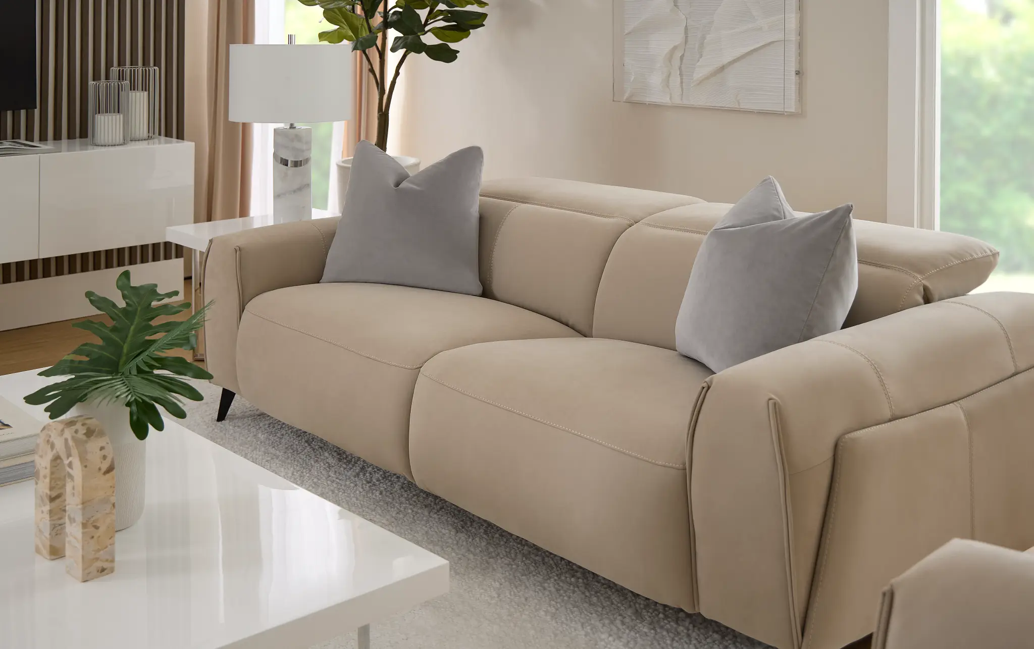 Reyna Beige Micro Power Reclining Sofa Reyna Beige Micro Power Reclining Sofa