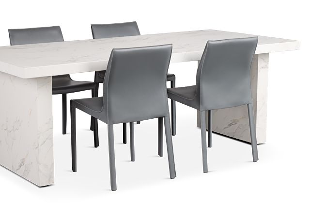 Viscaya White Rect Table & 4 Gray Upholstered Chairs