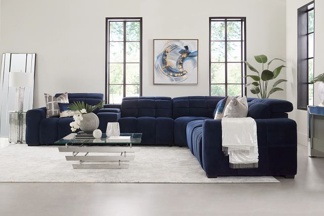 Gemma Navy Velvet Medium Triple Power Right Chaise Sectional