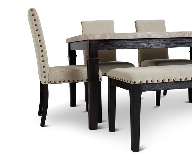 Portia Dark Tone Marble Table, 4 Chairs & Bench (6)