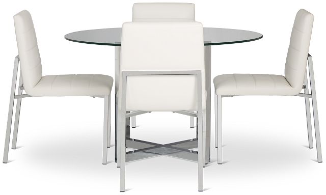 Amalfi White Glass Round Table & 4 Upholstered Chairs