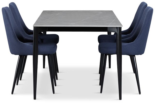 Andover Gray Rect Table & 4 Dark Blue Upholstered Curved Chairs