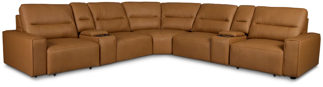Rudy Brown Lthr/vinyl Large Dual Power 2 Arm Extension Chaise Sectional
