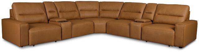Rudy Brown Lthr/vinyl Large Dual Power 2 Arm Extension Chaise Sectional