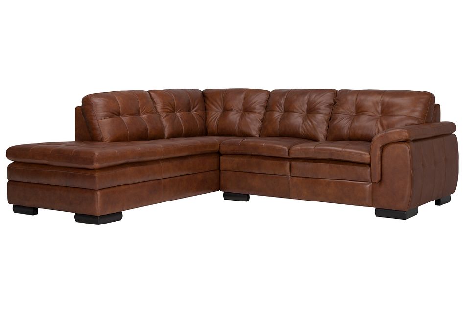 Trevor Medium Brown Leather Small Left Bumper Sectional Living Room Sectionals City Furniture Loose back and seat cushion with tufted detail. trevor medium brown leather small left bumper sectional
