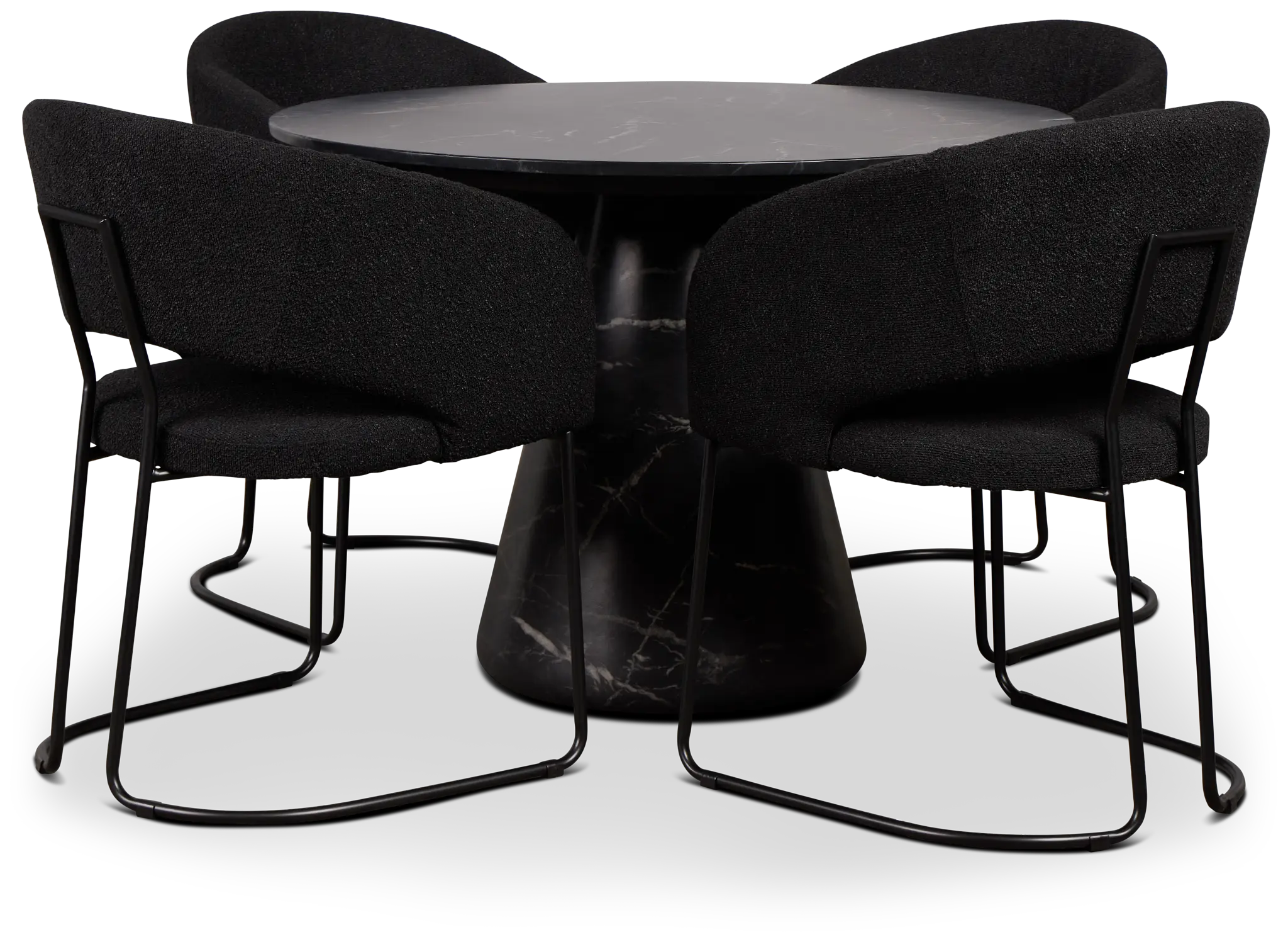 Merrick Black Round Table With 4 Black Upholstered Side Chairs Merrick Black Round Table With 4 Black Upholstered Side Chairs
