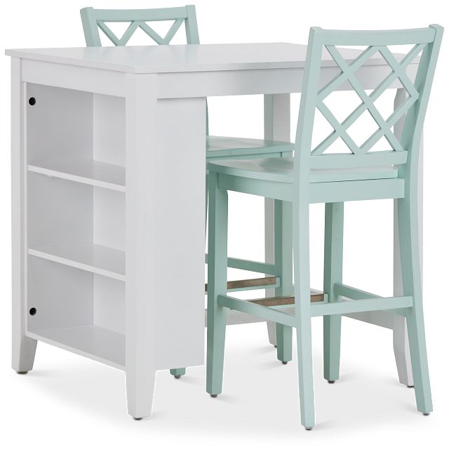 Edgartown Storage White High Table & 2 Light Blue Wood Barstools (1)