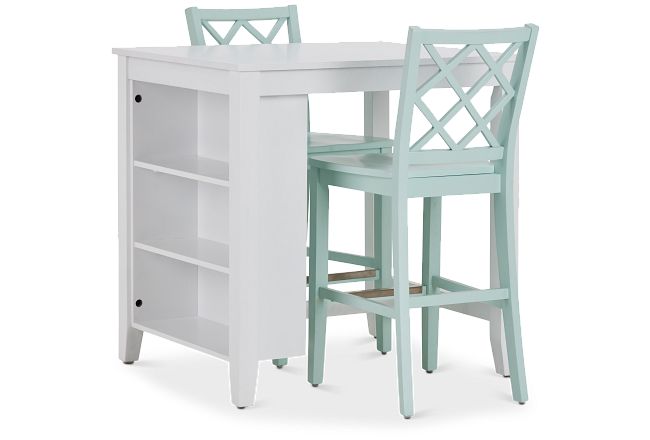Edgartown Storage White High Table & 2 Light Blue Wood Barstools