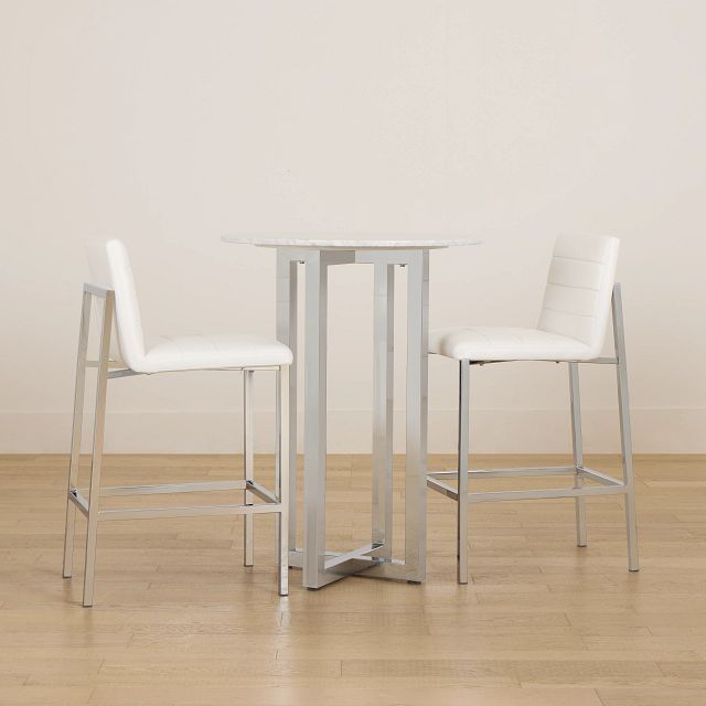 Amalfi White Marble Pub Table & 2 Upholstered Barstools