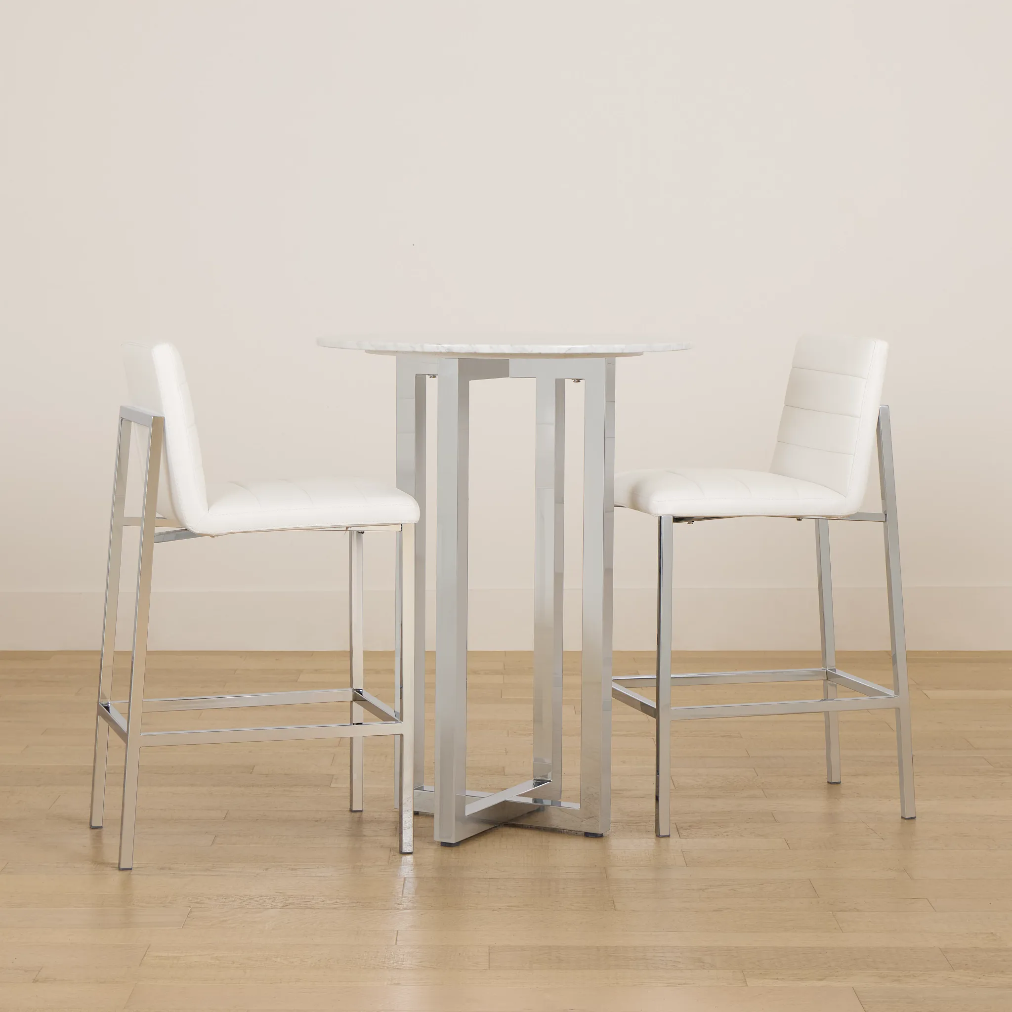 Amalfi White Marble Pub Table & 2 Upholstered Barstools