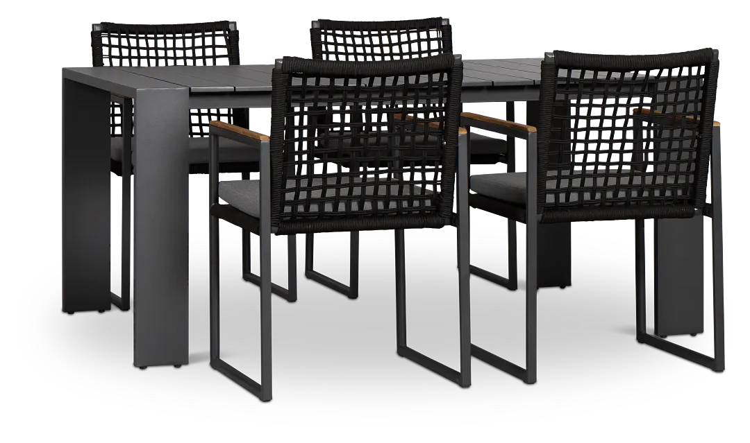 Sunrise Dark Gray 65" Rectangular Table & 4 Teak Arm Chairs