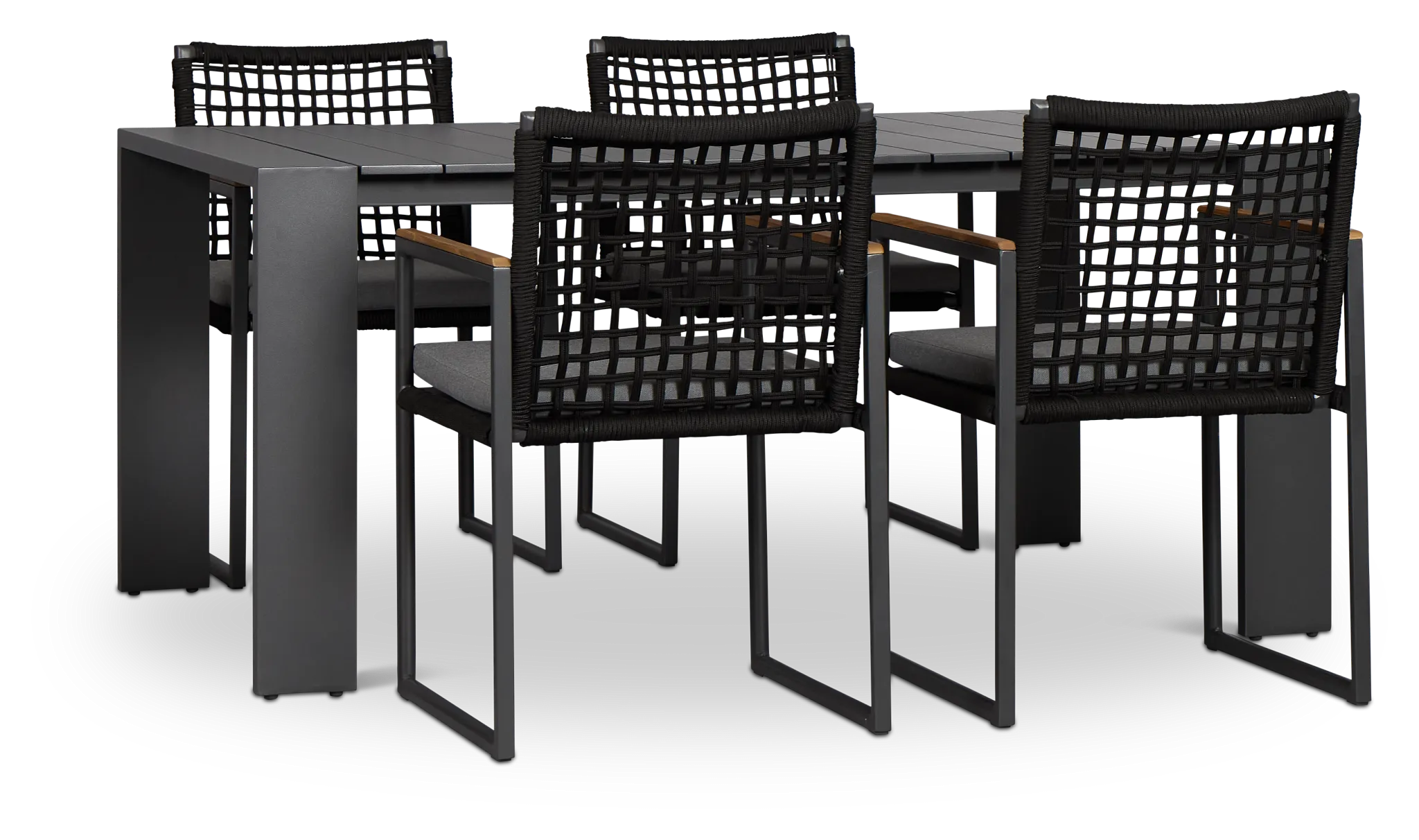 Sunrise Dark Gray 65" Rectangular Table & 4 Teak Arm Chairs