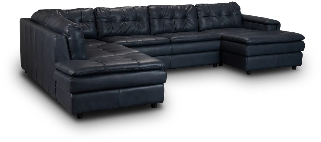 Rowan Navy Leather U-shaped Sectional W/ Left Bumper