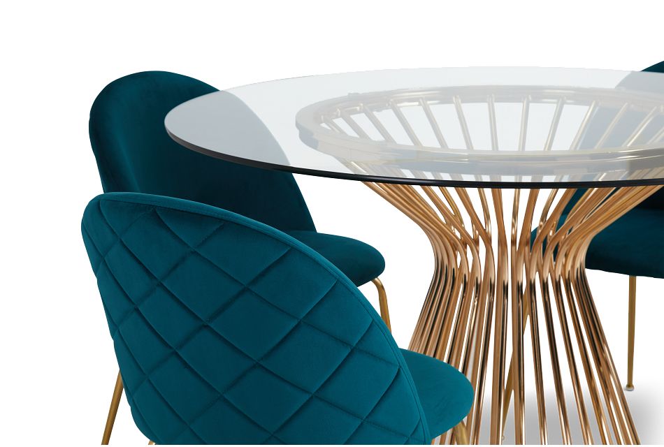 Munich Gold Glass Table & 4 Dark Teal Upholstered Chairs