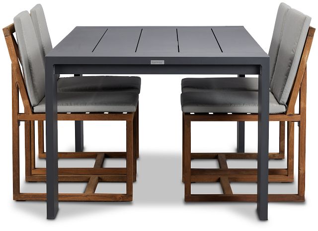 Linear Dark Gray 70" Aluminum Table & 4 Teak Cushioned Side Chairs