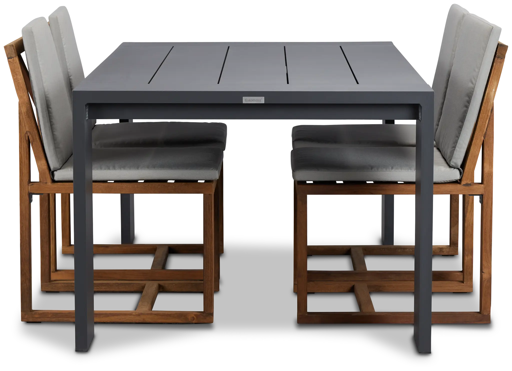 Linear Dark Gray 70" Aluminum Table & 4 Teak Cushioned Side Chairs Linear Dark Gray 70" Aluminum Table & 4 Teak Cushioned Side Chairs
