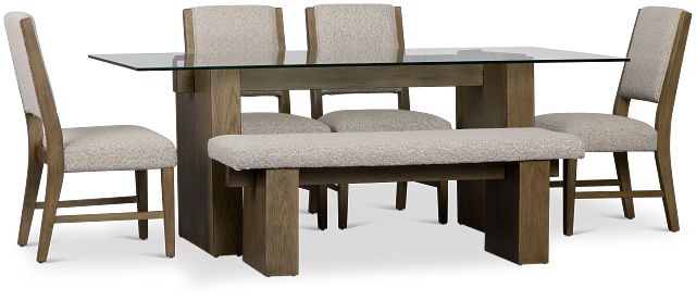 Vance Glass Rect Table With 4 Upholstered Side Chairs & Bench
