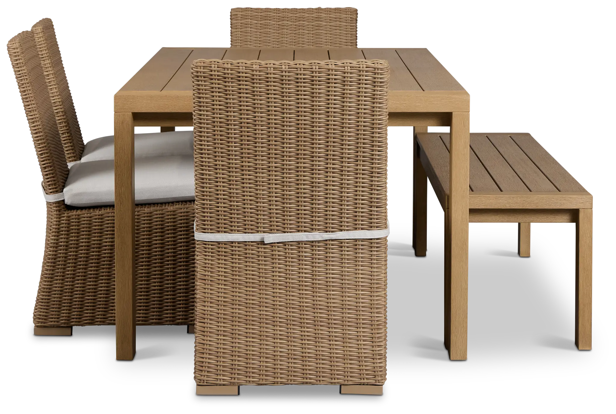 Montecito Mid Tone Table, 4 Chairs & Bench With Light Beige Cushions Montecito Mid Tone Table, 4 Chairs & Bench With Light Beige Cushions