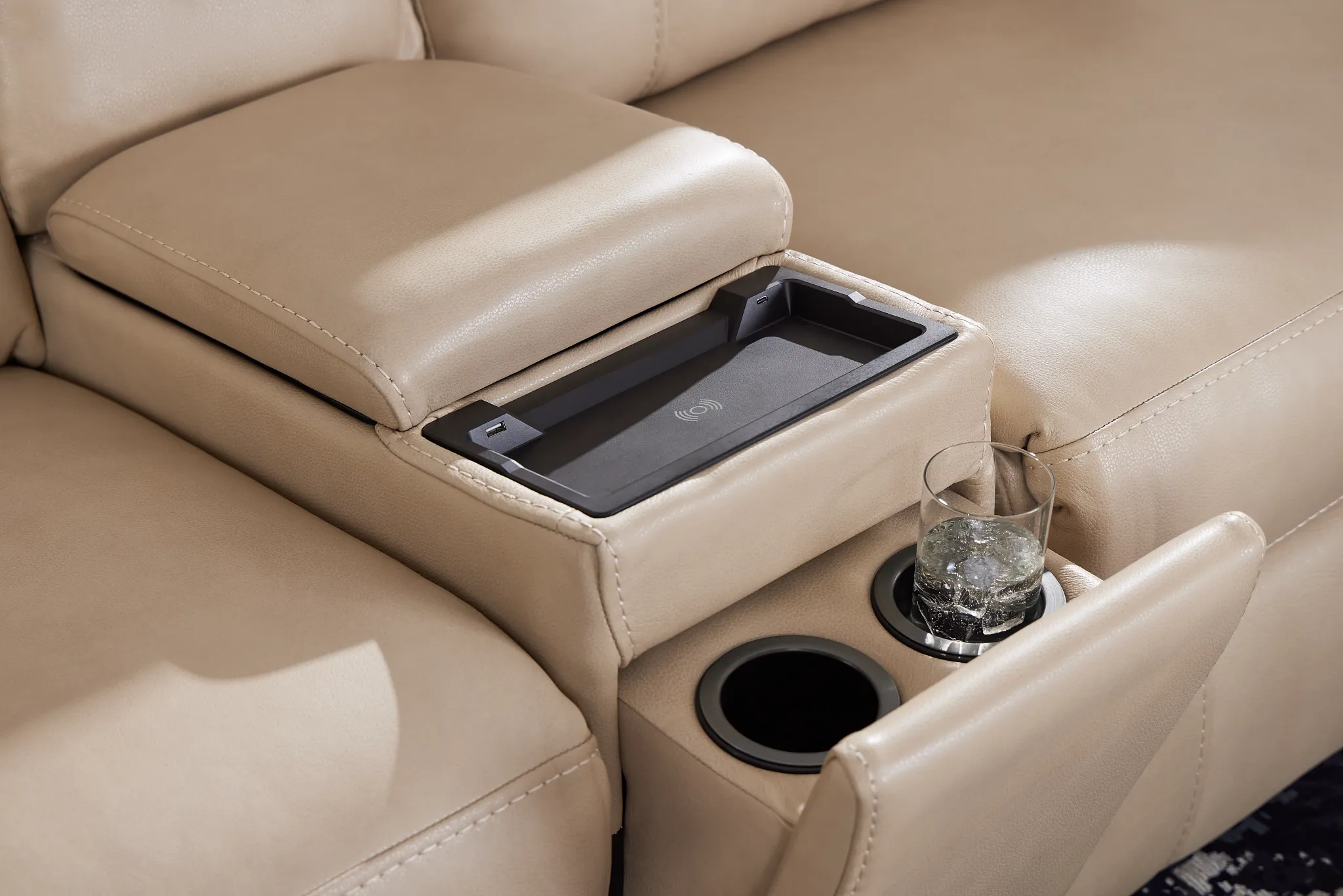 Benji Light Beige Lthr/vinyl Medium Triple Power 2-arm Sectional