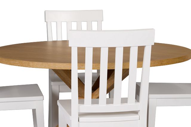 Nantucket Light Tone Round Table & 4 White Wood Chairs