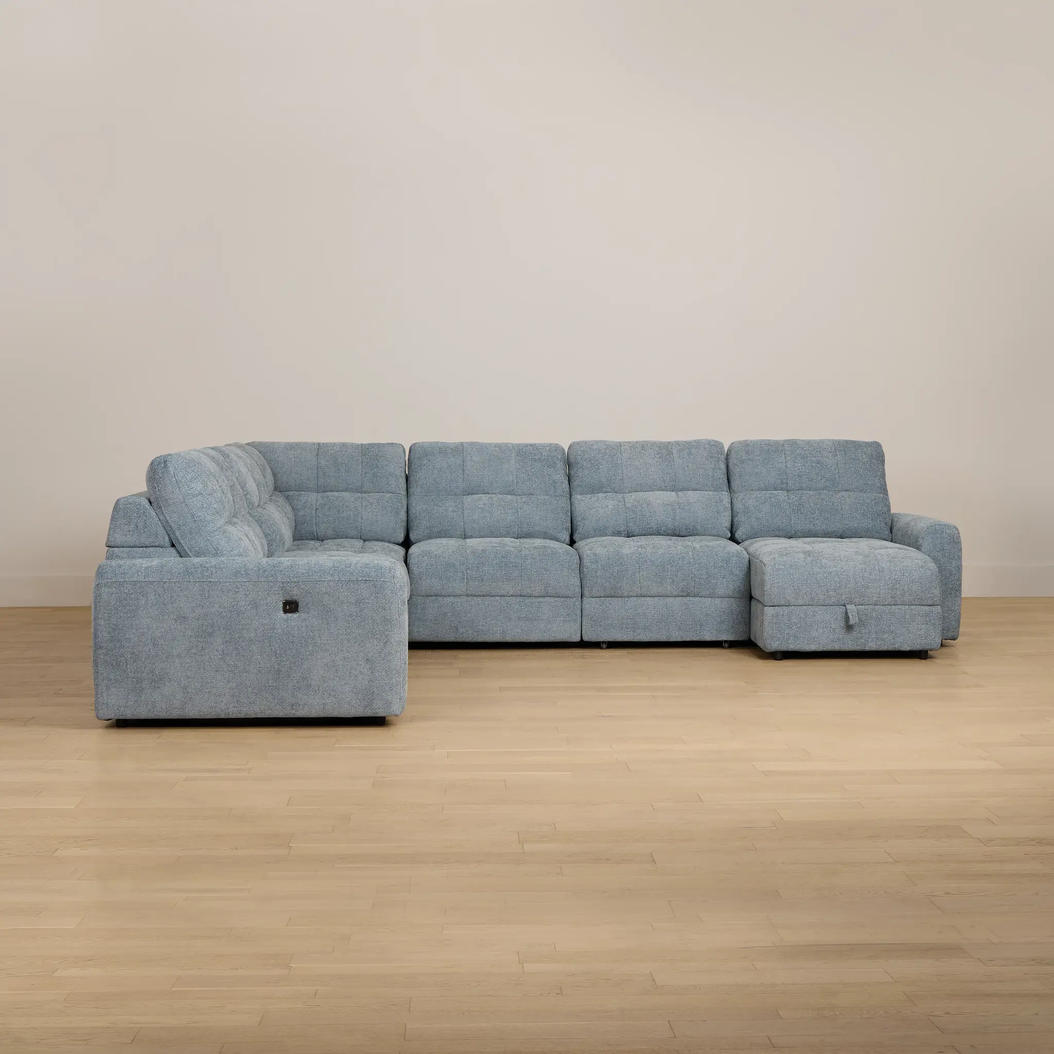 Hendrix Light Blue Fabric Large Dual Power Right Extension Chaise Sectional Hendrix Light Blue Fabric Large Dual Power Right Extension Chaise Sectional