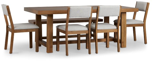 Vail Light Tone Trestle Table, 4 Chairs & Bench
