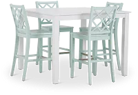 Edgartown White Square High Table & 4 Light Blue Wood Barstools